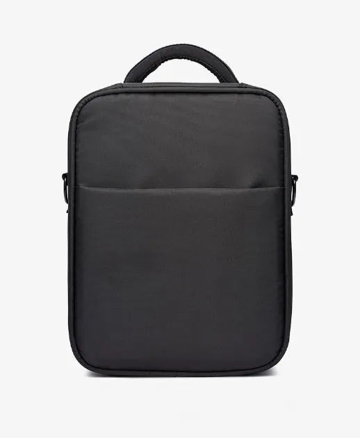 Black men's oxford fabric messenger bag showing its crossbody style and proportions.