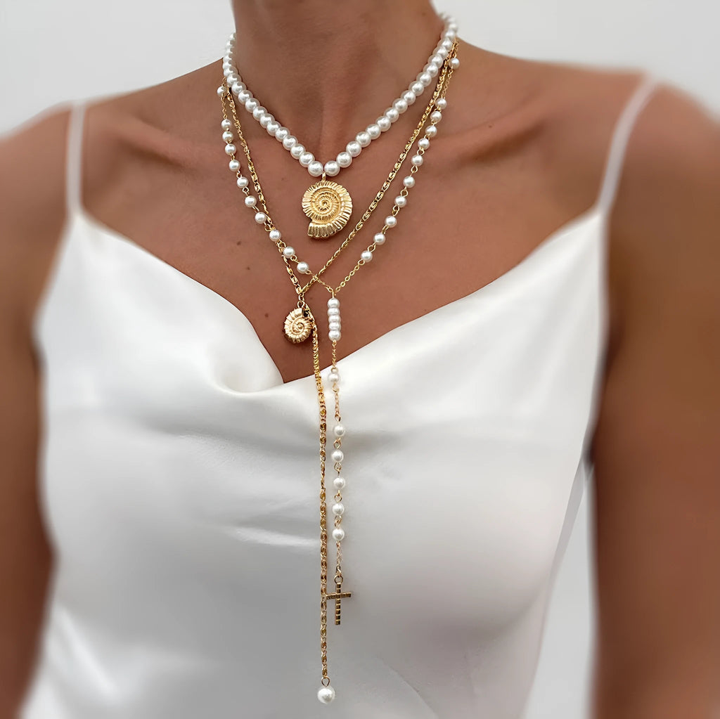 Long Y-shaped twin necklace with tassel pendant in gold electroplated alloy with imitation pearl chain
