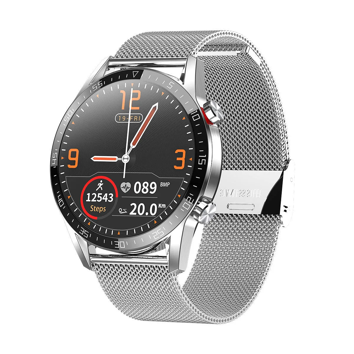 L13 heart rate smart watch on wrist with 1.3 inch screen showing step count and heart rate data