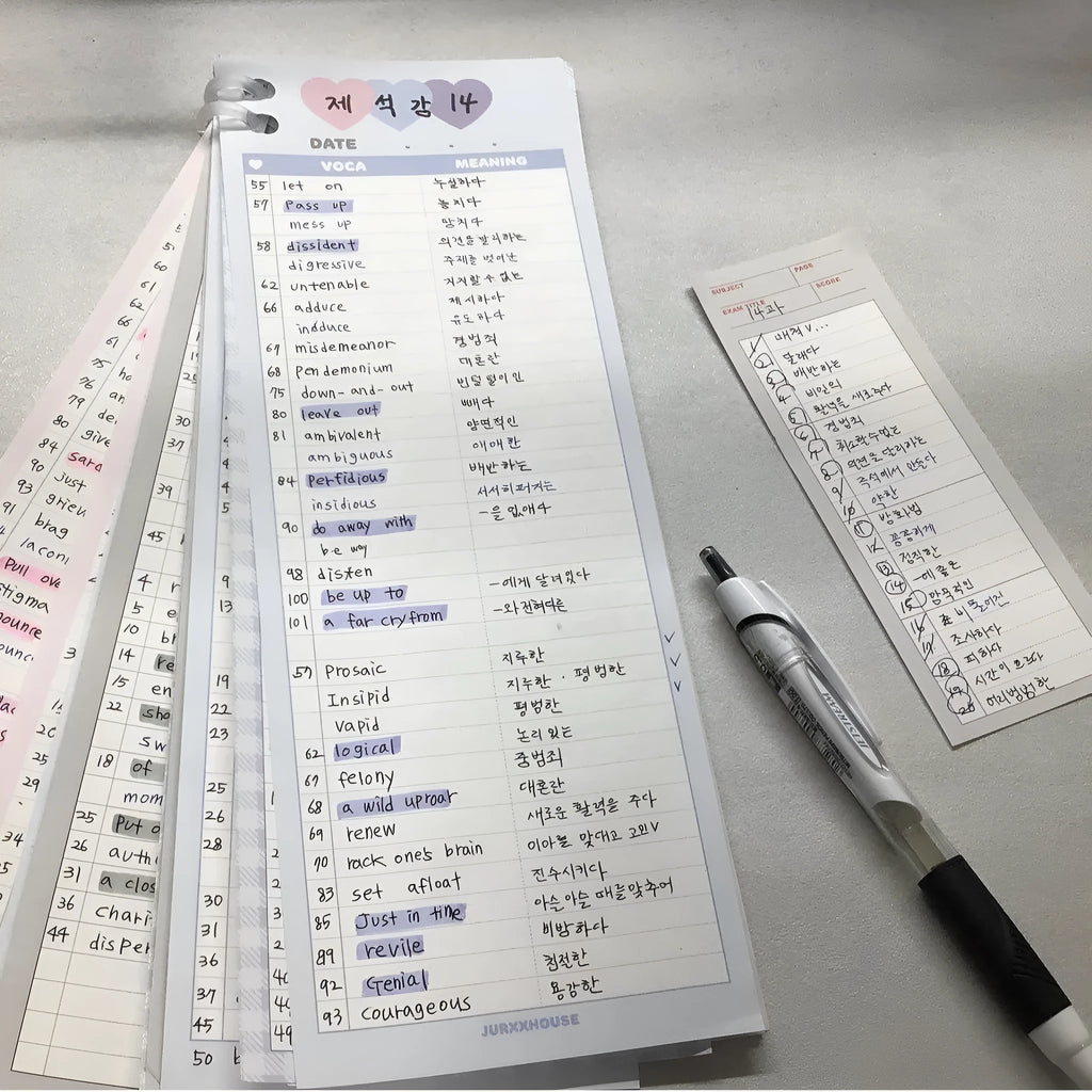 Blue B5 half-size vertical notepad with 30 sheets next to pink and purple versions.
