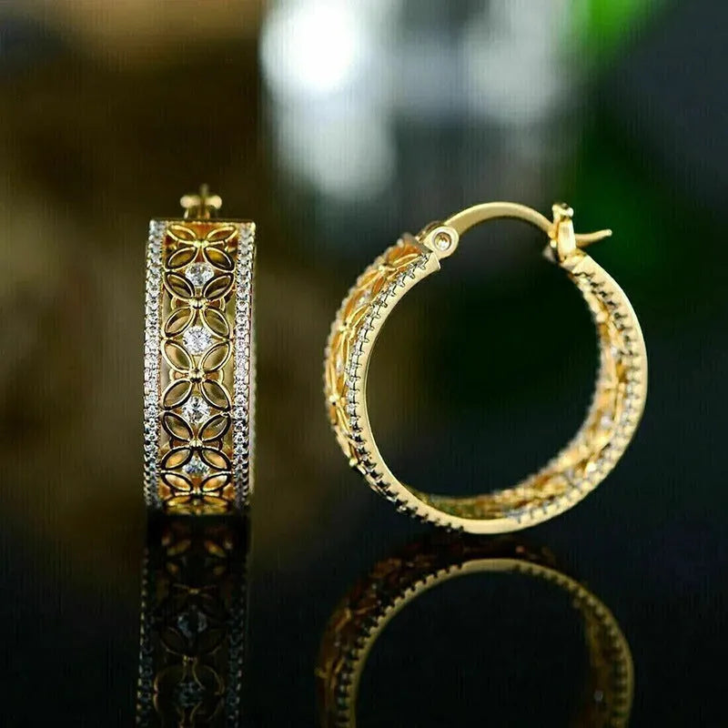Geometric copper ear clip earrings with horse eye flower butterfly design in yellow gold finish