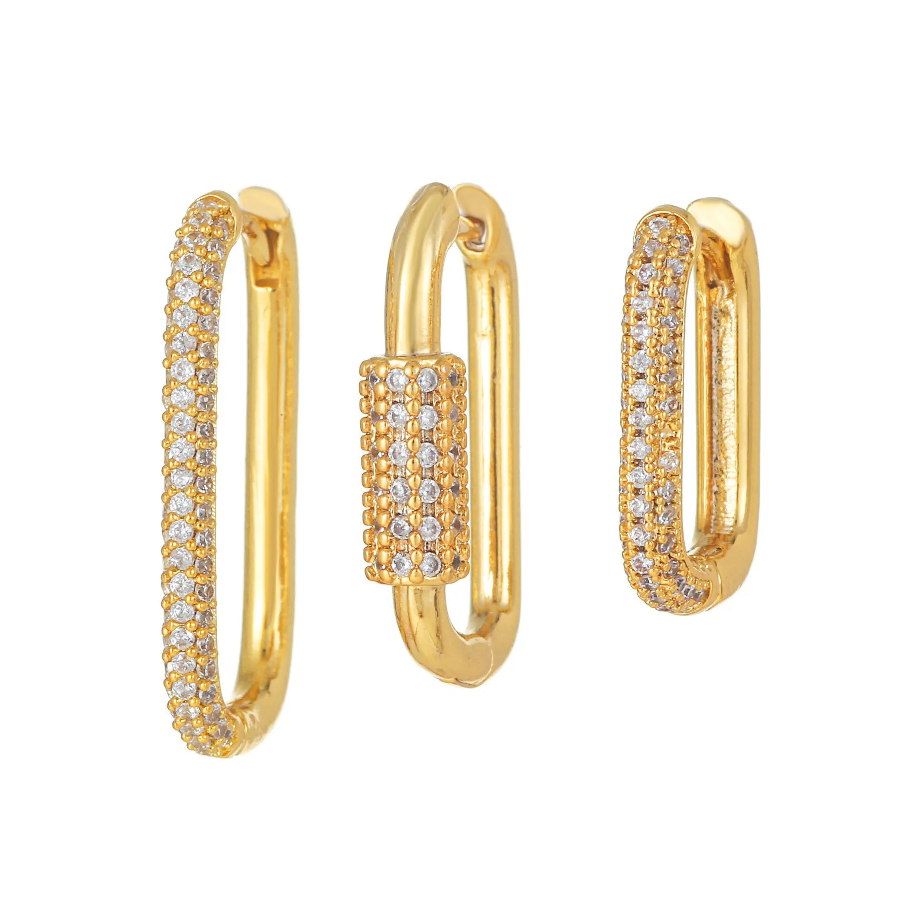 Geometric three-piece earring set with micro-inlaid zircon stones and square ear clips in gold or white k colours