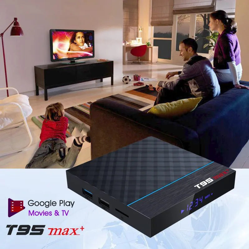 Black T95 Max Plus Android Smart TV Box with remote control on a wooden surface.