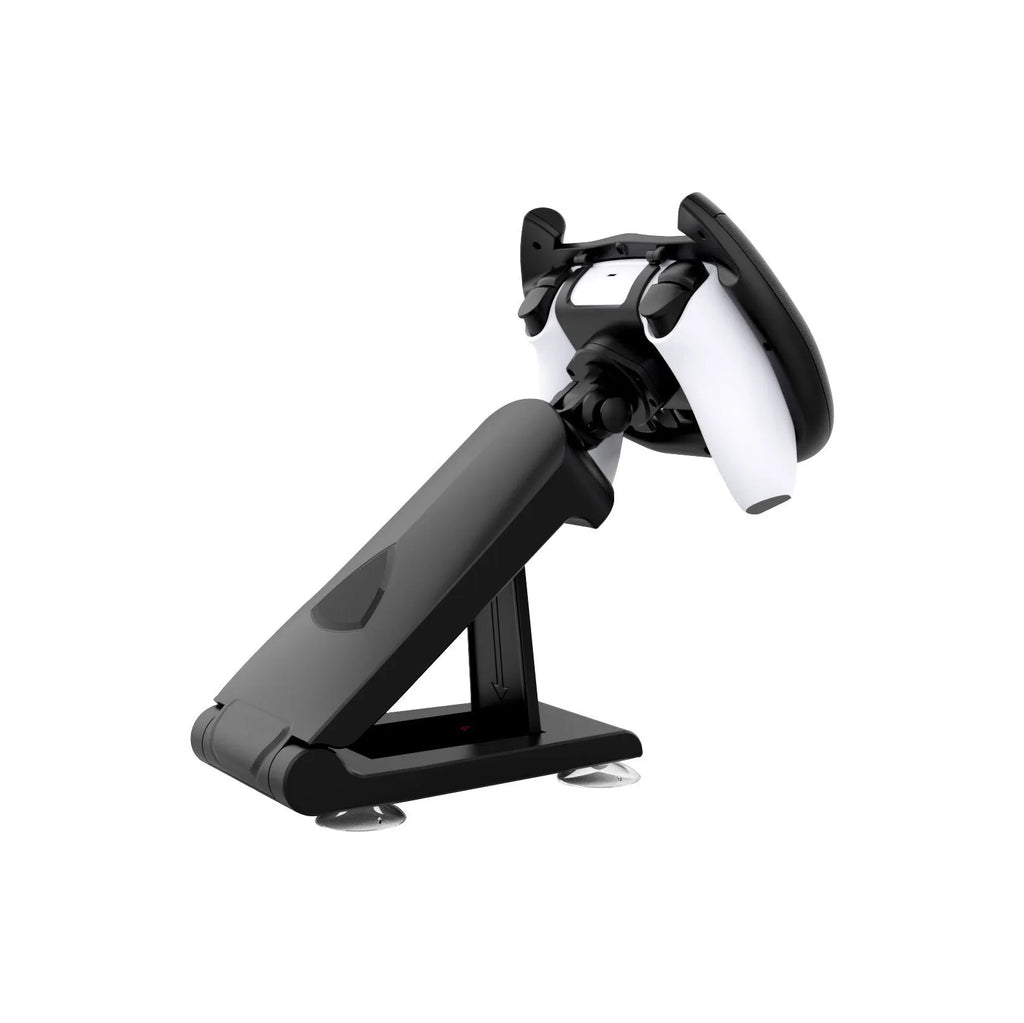 Black ABS plastic gamepad steering wheel bracket with a suction cup base for mounting a mobile phone.