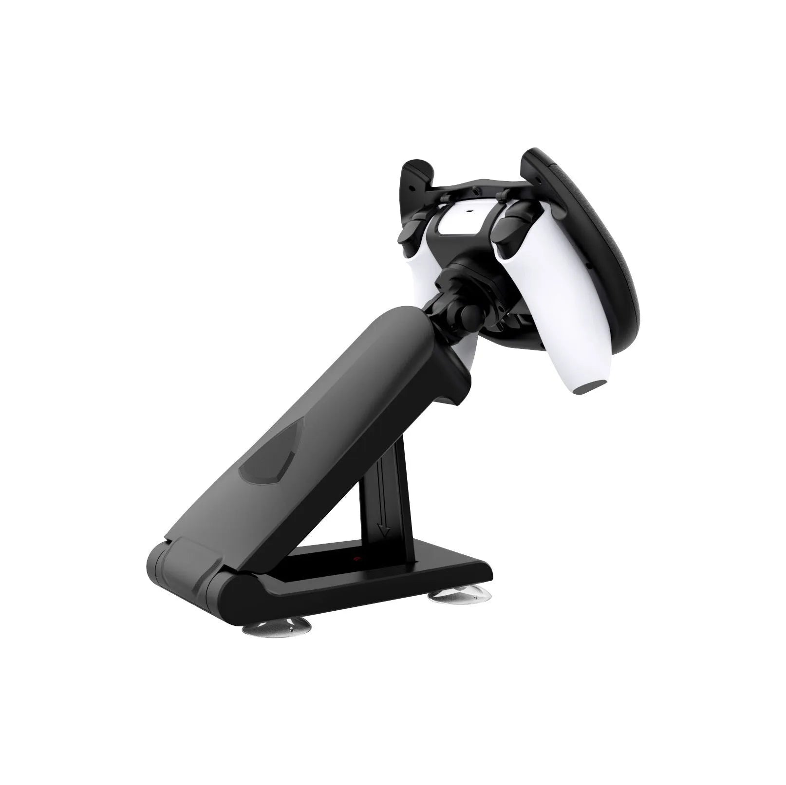 Black ABS plastic gamepad steering wheel bracket with a suction cup base for mounting a mobile phone.