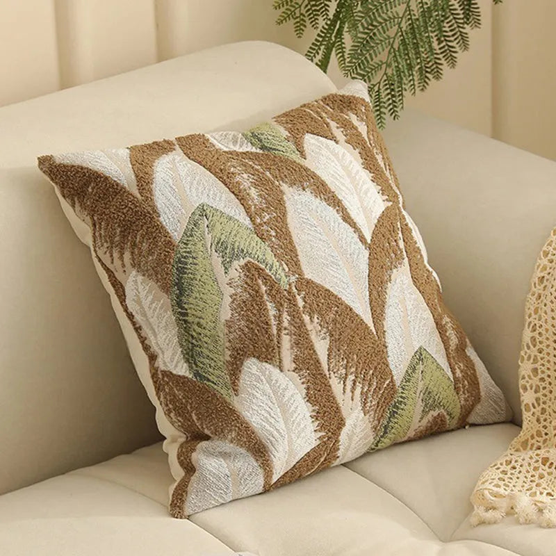Square Jacquard pillow cover with detailed retro floral pattern on a grey sofa, showing 45x45cm size.