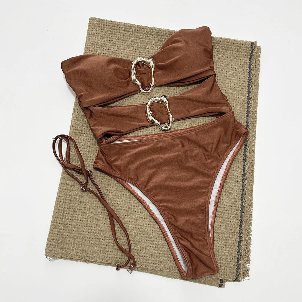 Nylon one-piece solid colour swimsuit for women in black, brown, or red sizes S M L for swimming and wading