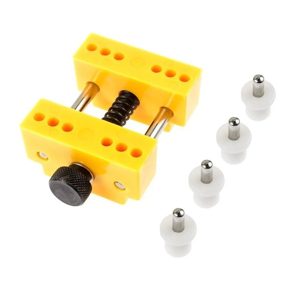 Watch repair case opener kit with plastic housing opener, yellow watch fixing base and four fixed pillars, 40 x 40 x 45mm
