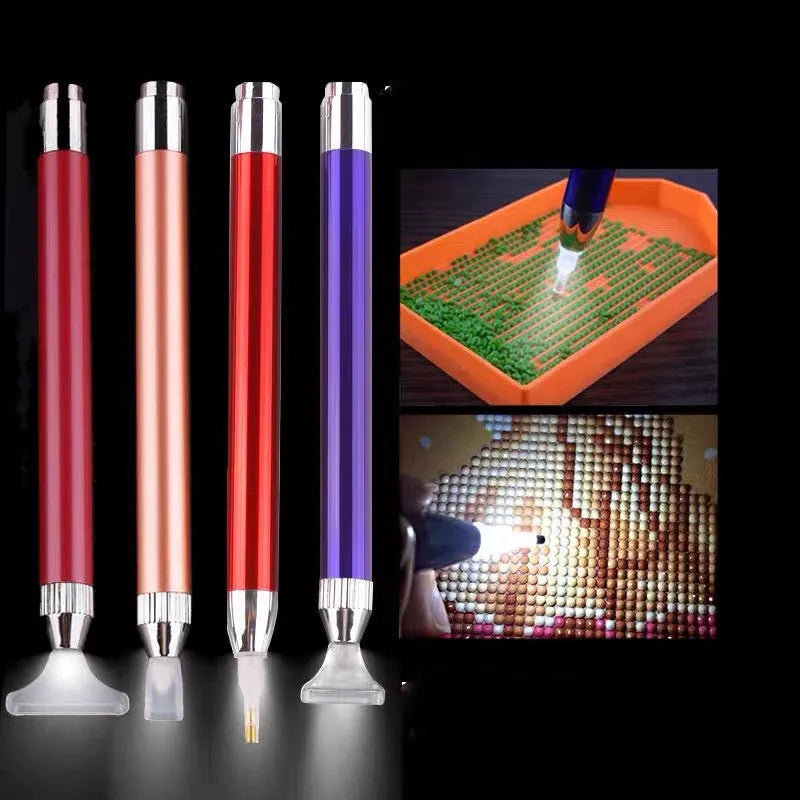 Luminous drill pen for diamond painting with aluminium alloy construction and single-head design in blue, gold, or red