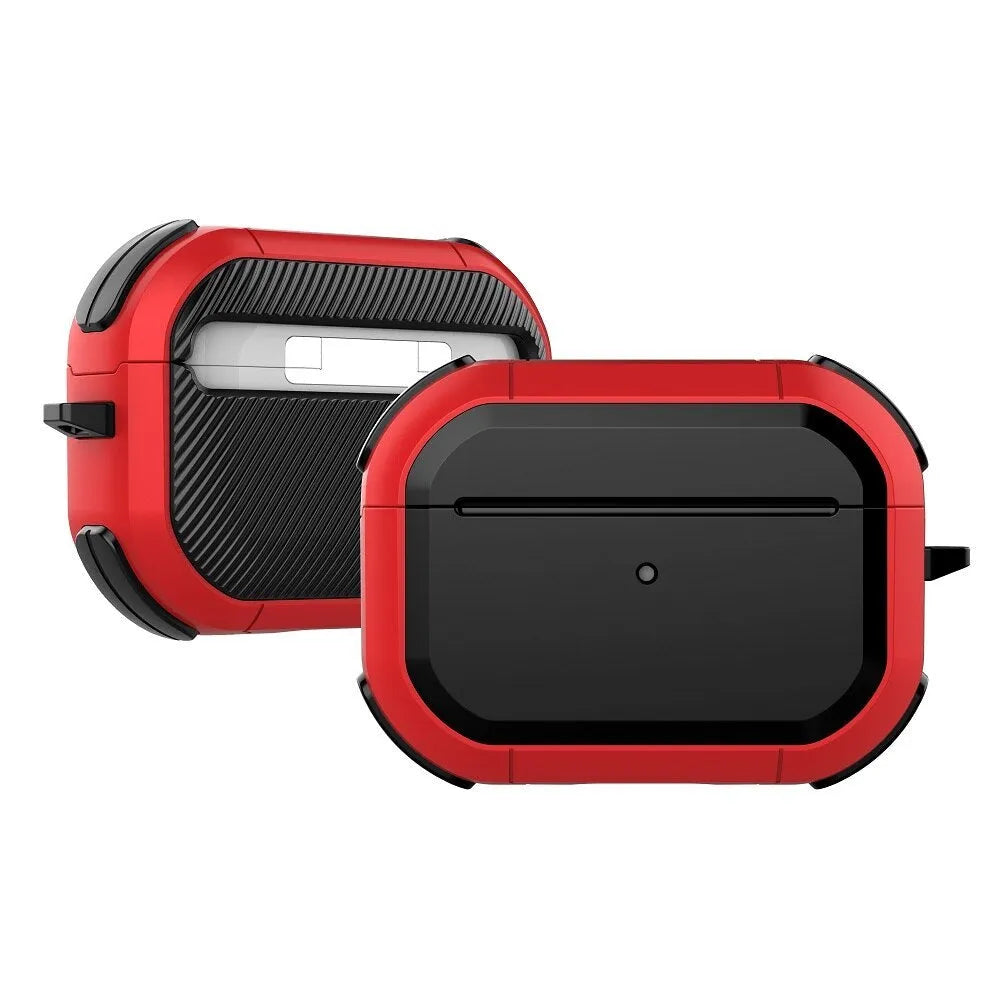 Black TPU and PC plastic protective shell snapped onto a white Apple AirPods Pro charging case.