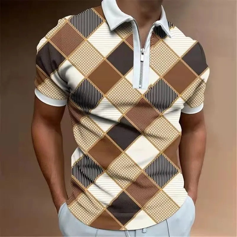 POLO lapel casual short khaki striped t-shirt for men fitted short sleeve polyester top