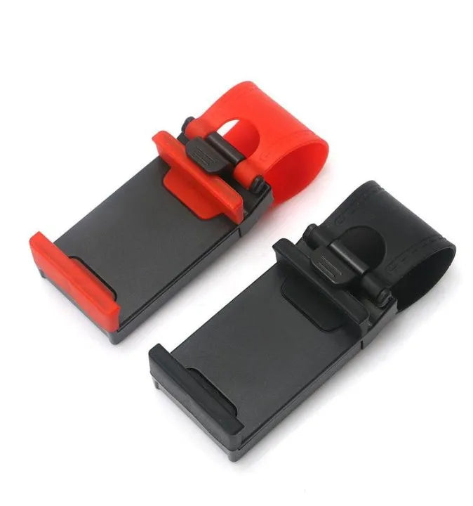 Black universal steering wheel phone clip mount holder showing phone compatibility.