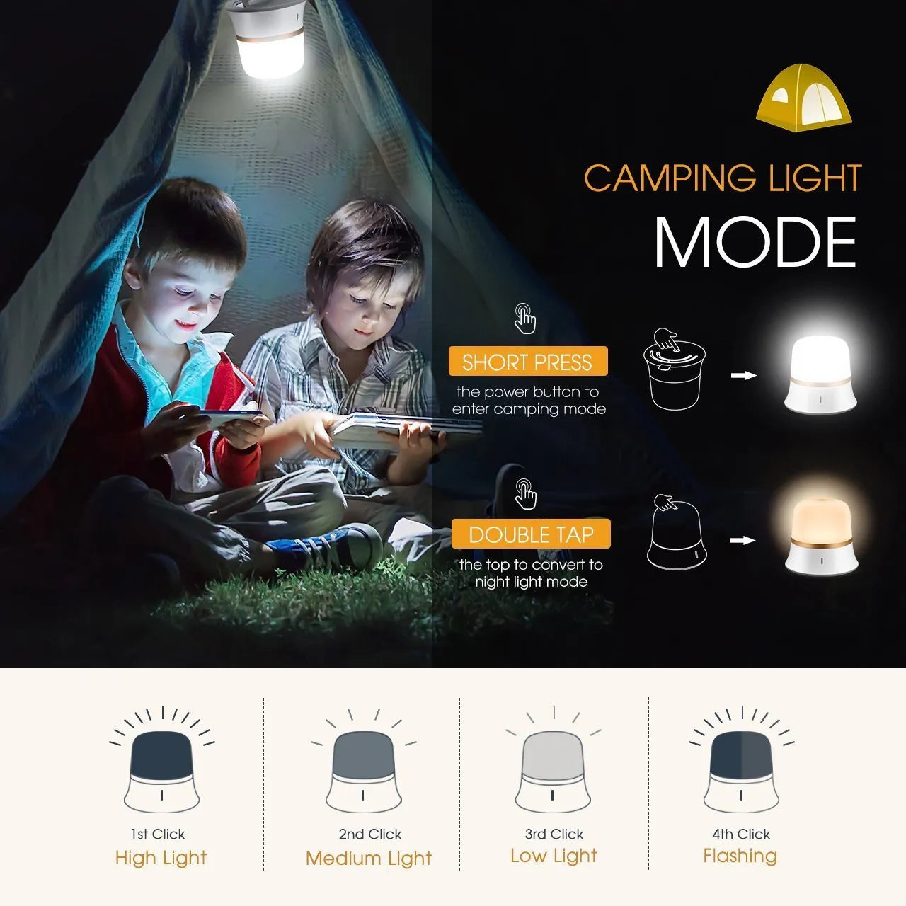White bedside night light with touch controls for dimming and changing RGB colours on a table.