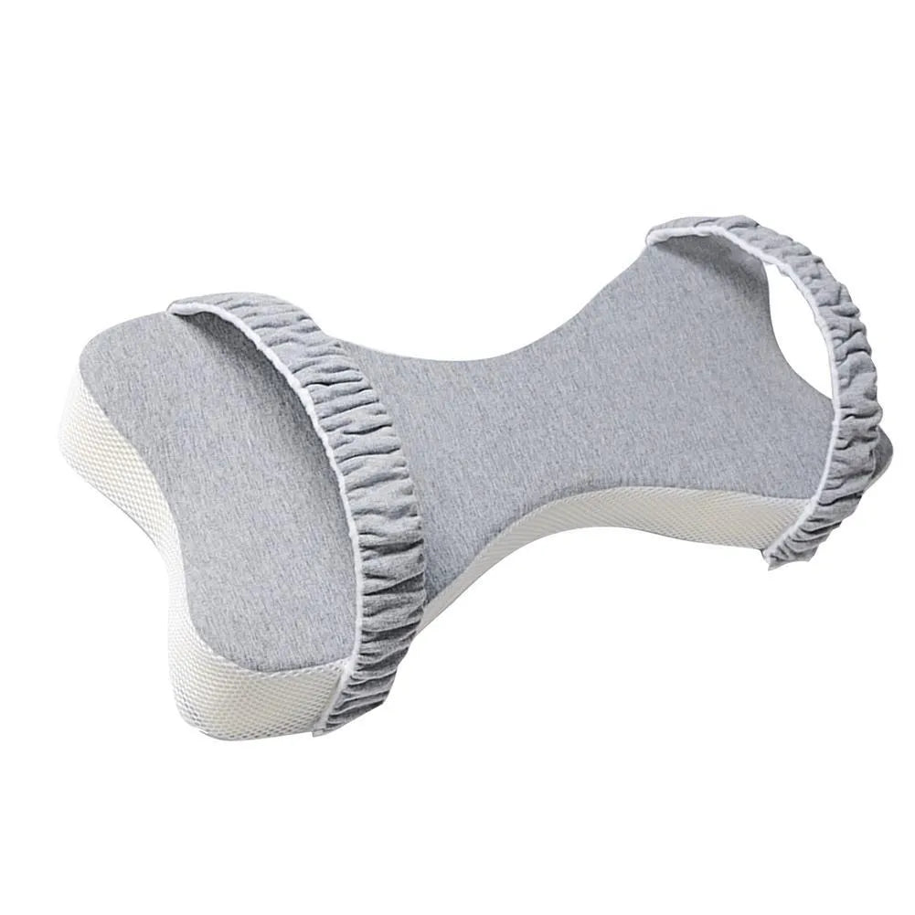 Memory cotton side sleeping knee pillow in light grey on a bed, 70x37x9cm with adjustable core height
