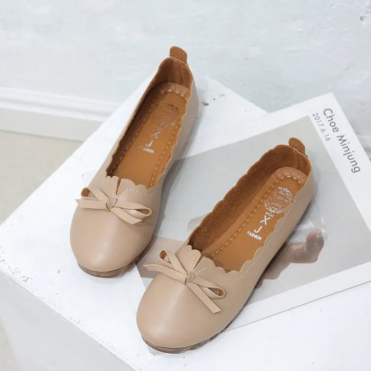 Korean style women's shallow mouth slip-on pumps in apricot, round toe, low heel, rubber sole