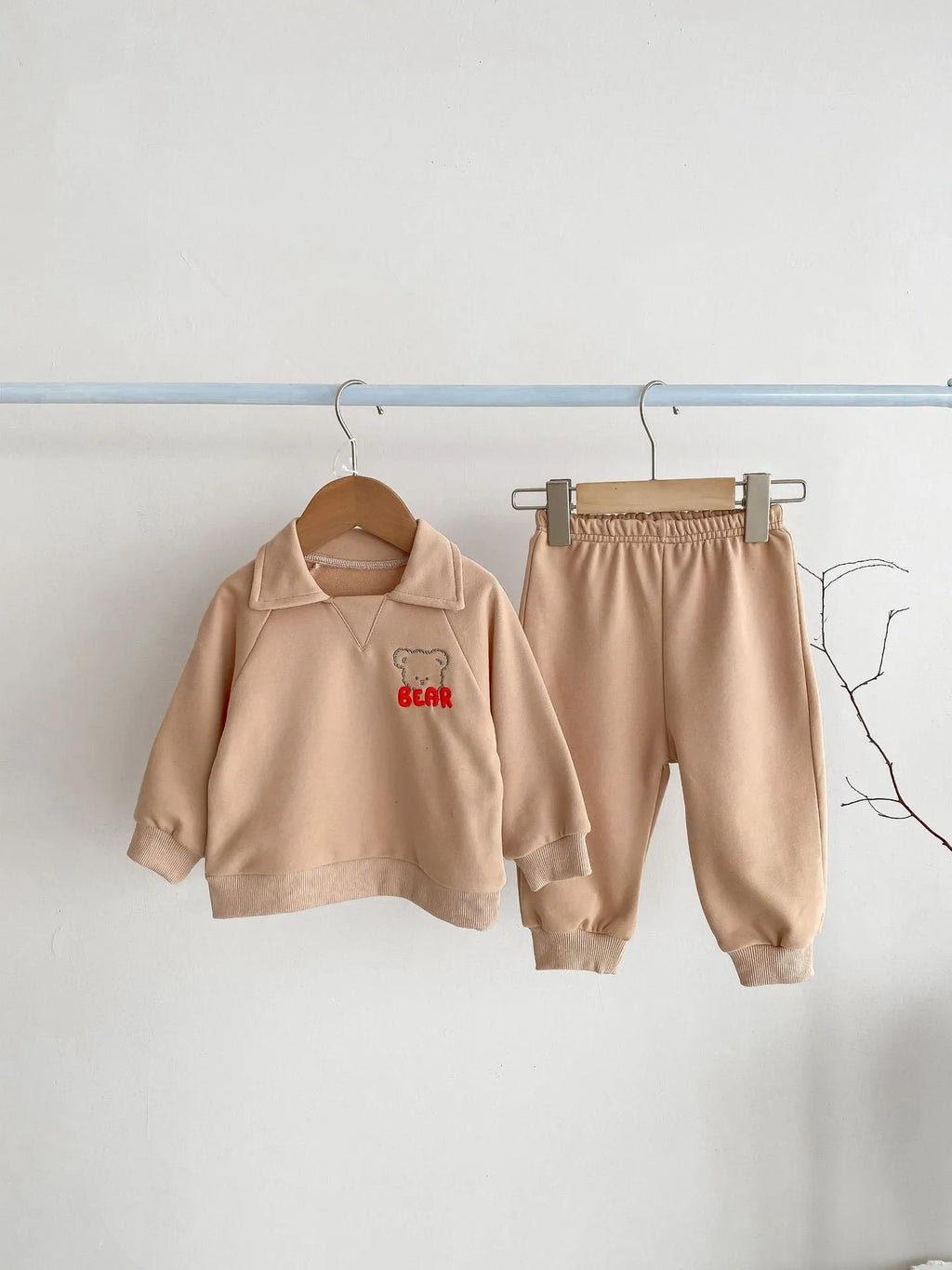 Baby Bear lapel sweater and pants two-piece set in cotton, sapphire blue or khaki beige, sizes 66cm to 100cm
