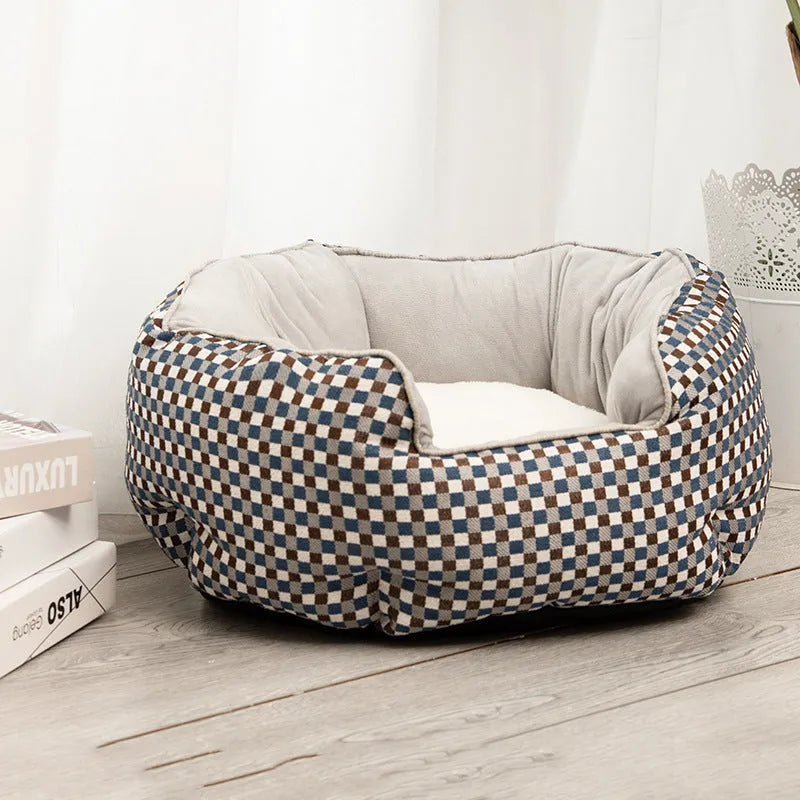 Blue octagonal pet bed with removable mat for cats and small dogs