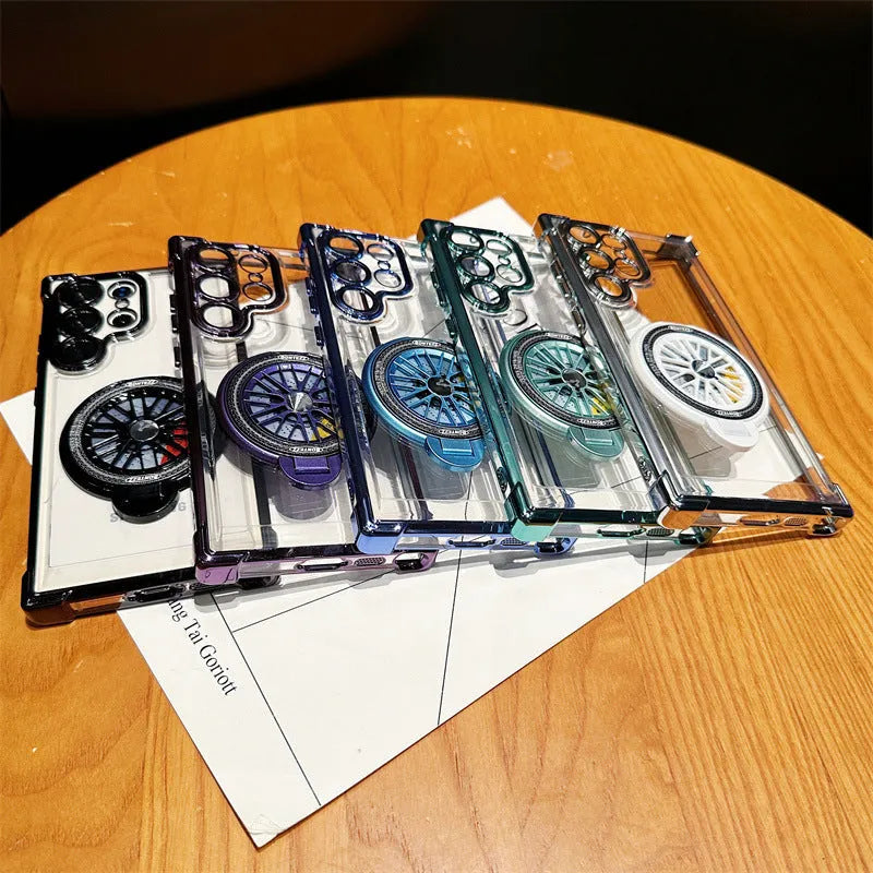 Electroplating four-corner drop-resistant rotating gyro magnetic bracket phone case for Samsung S23 in cool black