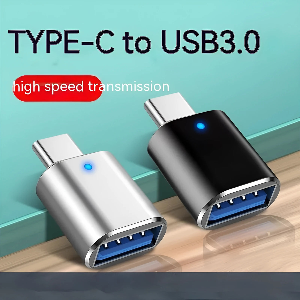 Type-C to USB 3.0 OTG adapter with indicator light showing connected to a phone and a mouse