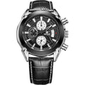 Men's multifunctional timing wristwatch with three subdials, luminous hands, in black or brown colour options.