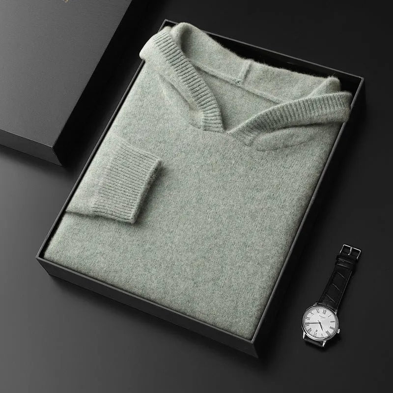 Men's cashmere hooded thickened sweater in loose fit, solid black colour, long sleeve winter pullover