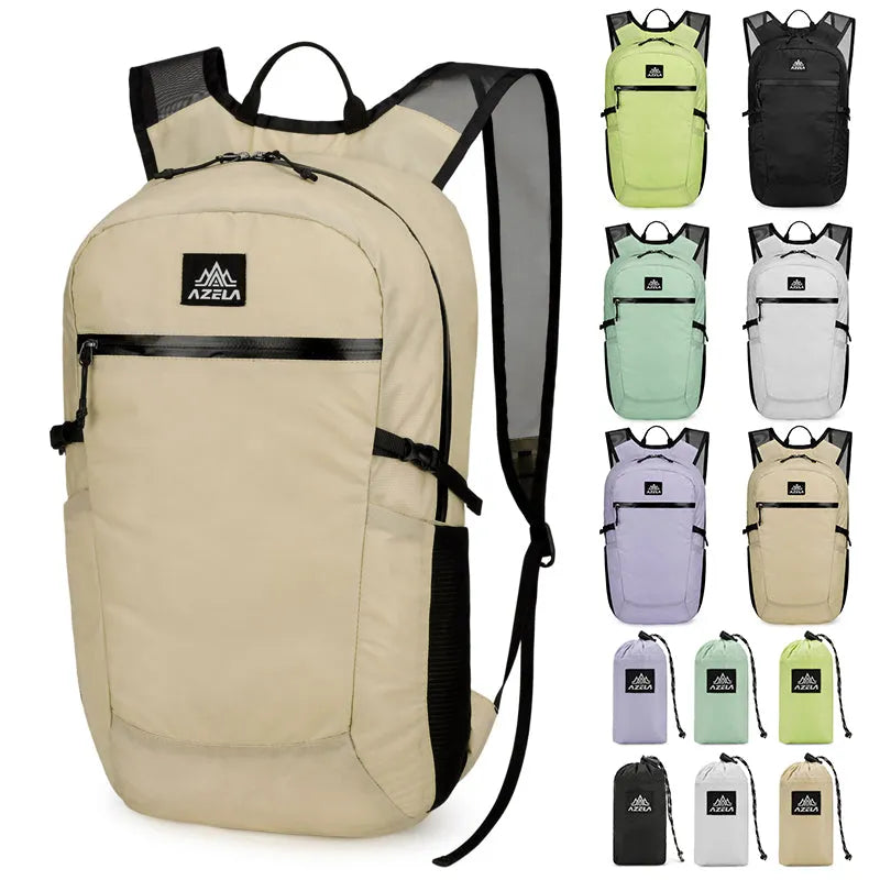 AZELA lightweight lime green backpack with multiple pockets and mesh straps on a plain background