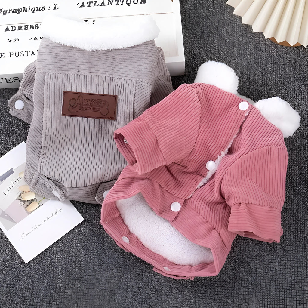 Grey lambswool winter vest for a dog, showing the wool lining and simple vest design.