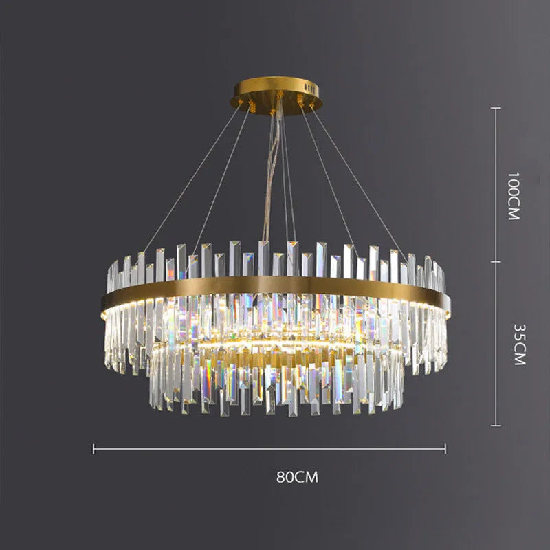 Stainless steel and crystal multi-head ceiling chandelier with adjustable height