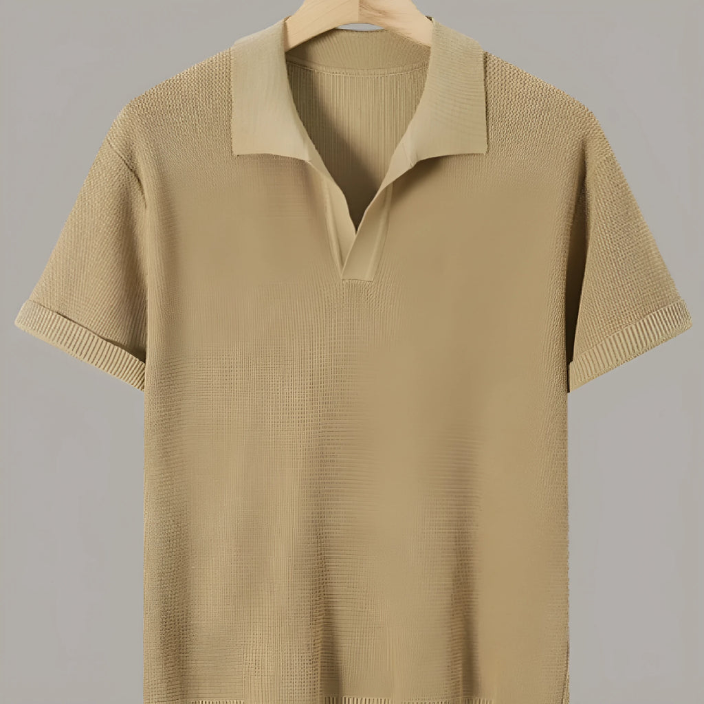 Men's short-sleeve knitted waffle sweater in multiple colours including black and khaki, casual polyester top