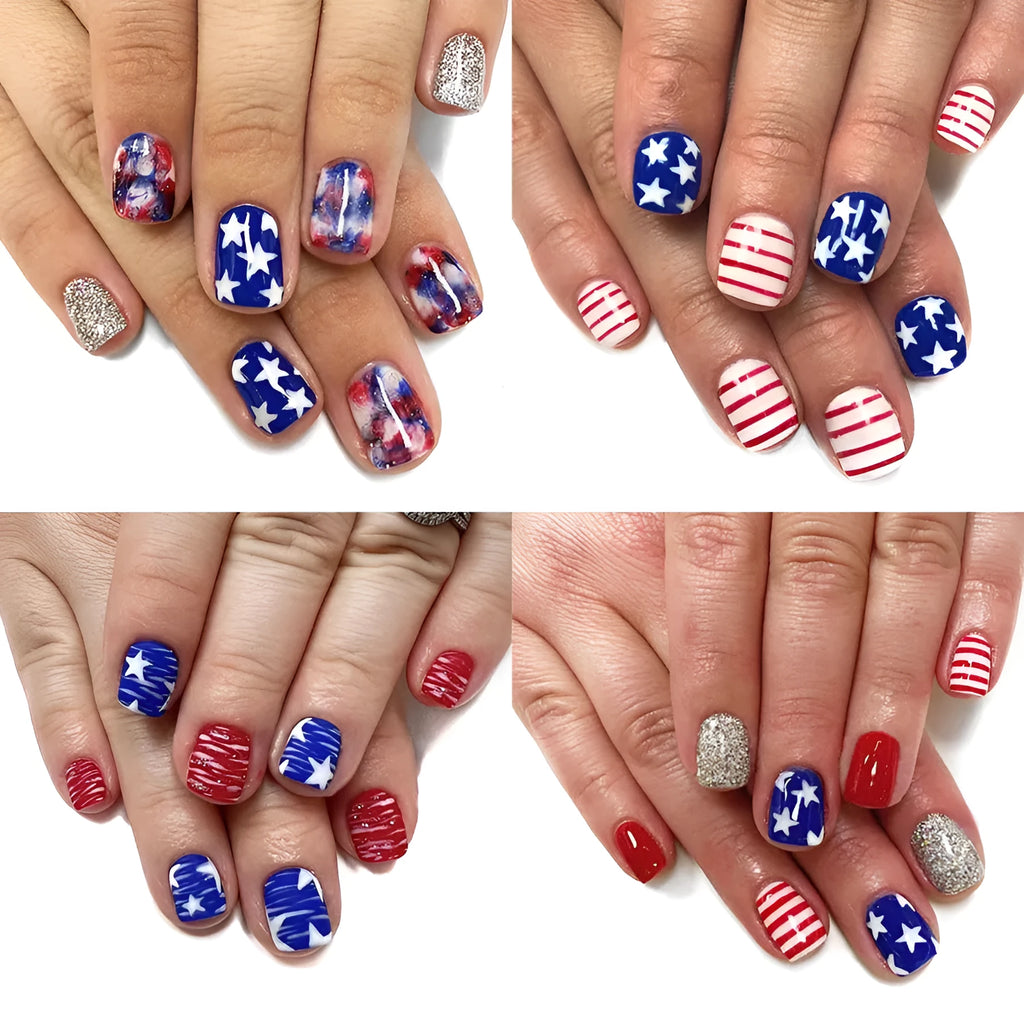 Set of red and blue glitter false nail tips in a short European square shape.