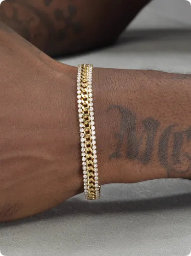 Gold-coloured titanium steel tennis bracelet with stone inlay for men and women.