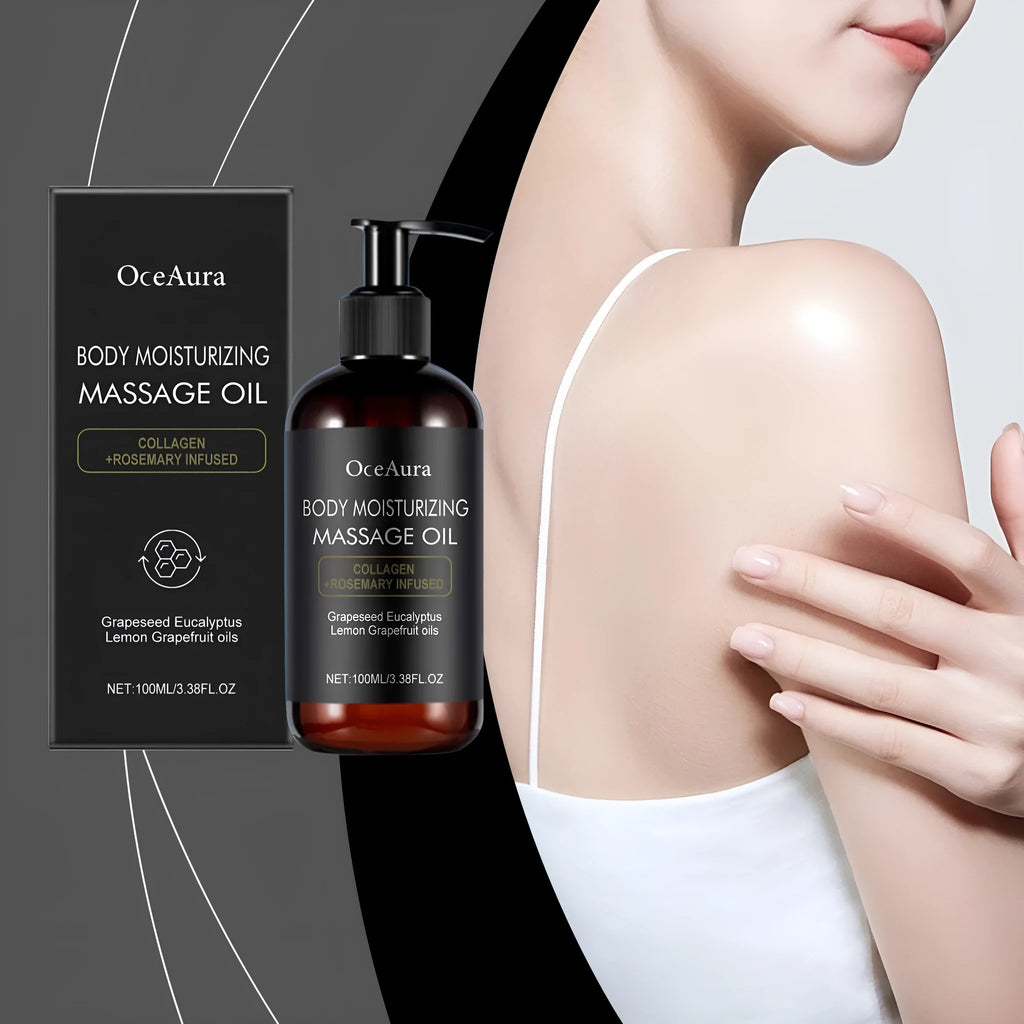 Moisturising massage oil 100ml with collagen and vitamin E, featuring natural botanical extracts
