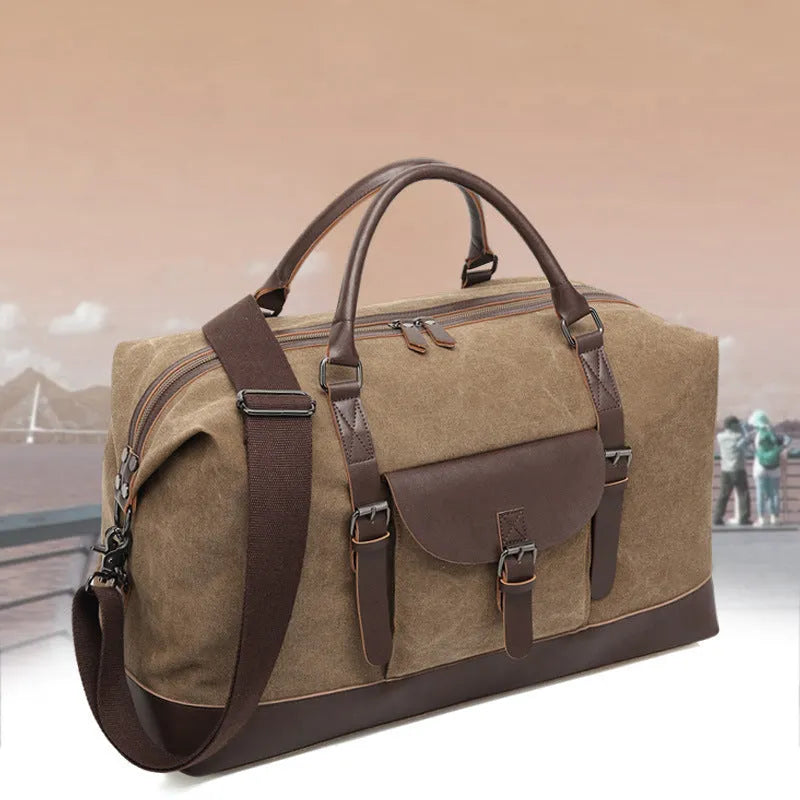 Large canvas crossbody travel bag for men, 36-55L capacity, with zipper pockets and document bag, in black, coffee, dark grey, or green.