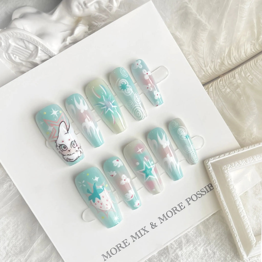 Cartoon cute rabbit middle ladder fake nails with cat's paw pattern, Rabbit Planet XB2-902, 40 pieces.
