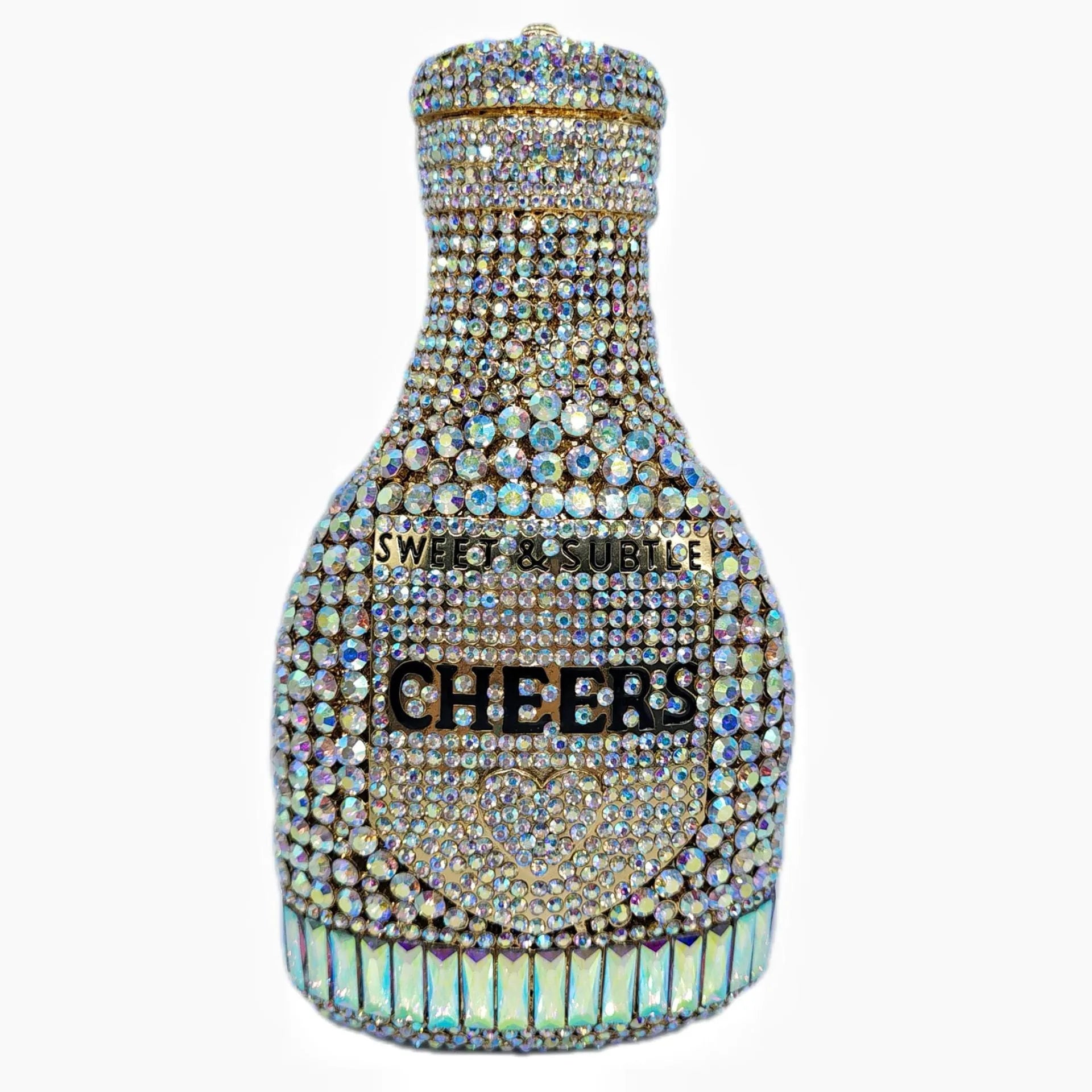 Gold champagne bottle shaped evening clutch with rhinestone decoration on black background