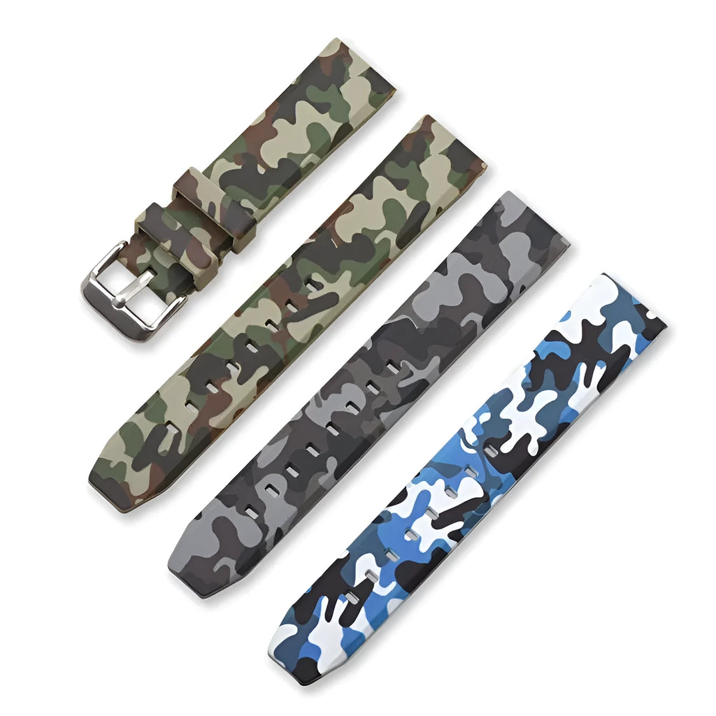 Green camouflage silicone watch strap with flat head lugs, showing 20mm width size.