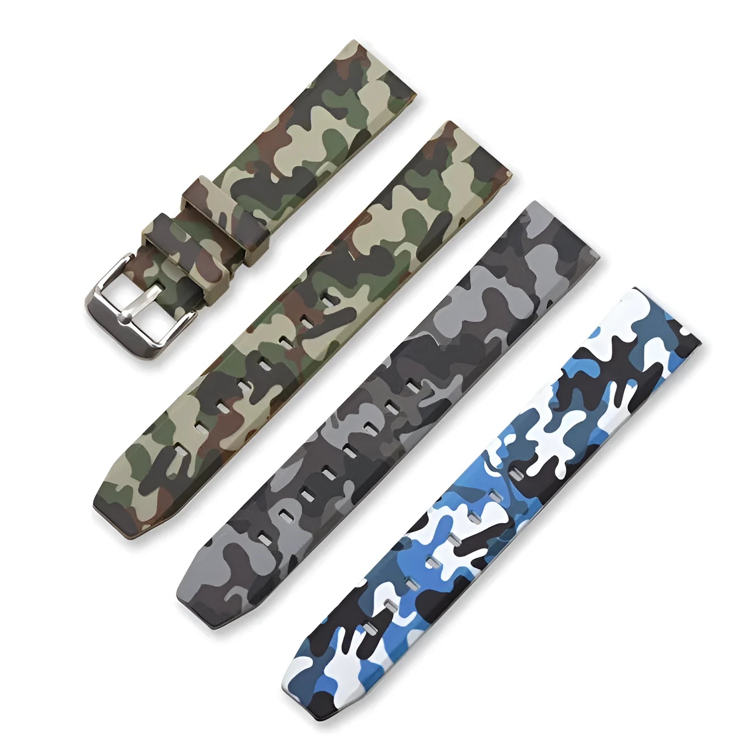 Green camouflage silicone watch strap with flat head lugs, showing 20mm width size.