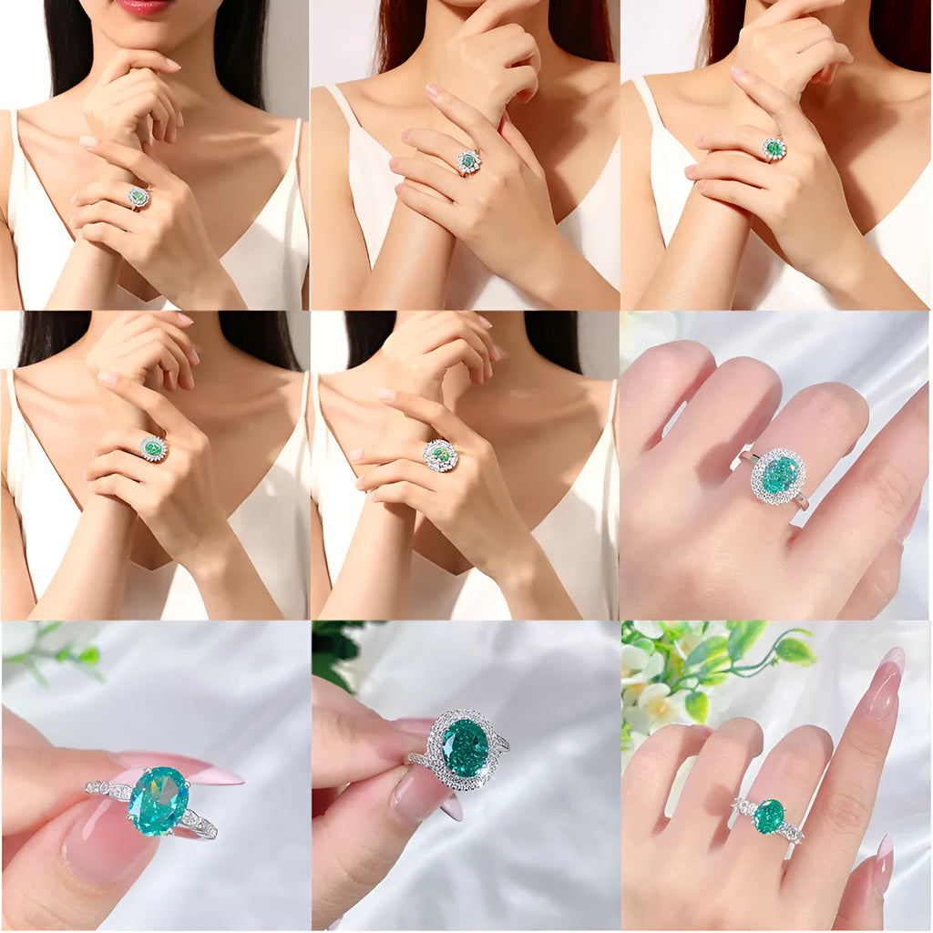 Geometric S925 silver women's ring with oval emerald, Palaibahao inlay, and high carbon diamond accent.