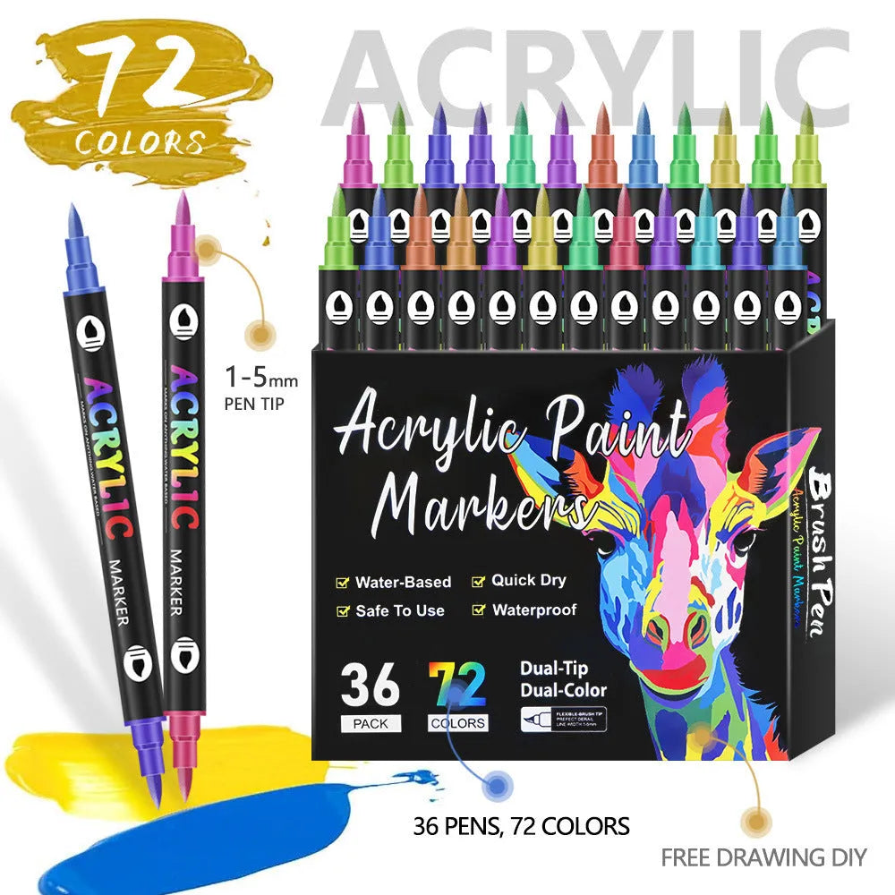 Set of double-headed acrylic marker pens showing fine and broad tips, in assorted opaque colours.