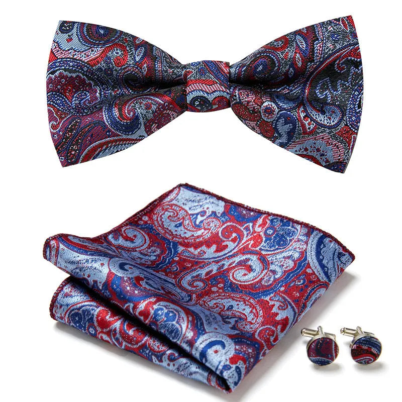 Floral Bow Tie Set of Three Pieces Polyester Yarn Hand-Sewn 12cm by 6cm Bow Tie with Matching Pocket Square 25x25cm and Cufflinks 1.5cm for Men's Formal Wedding and Party Accessories Multistyle Options