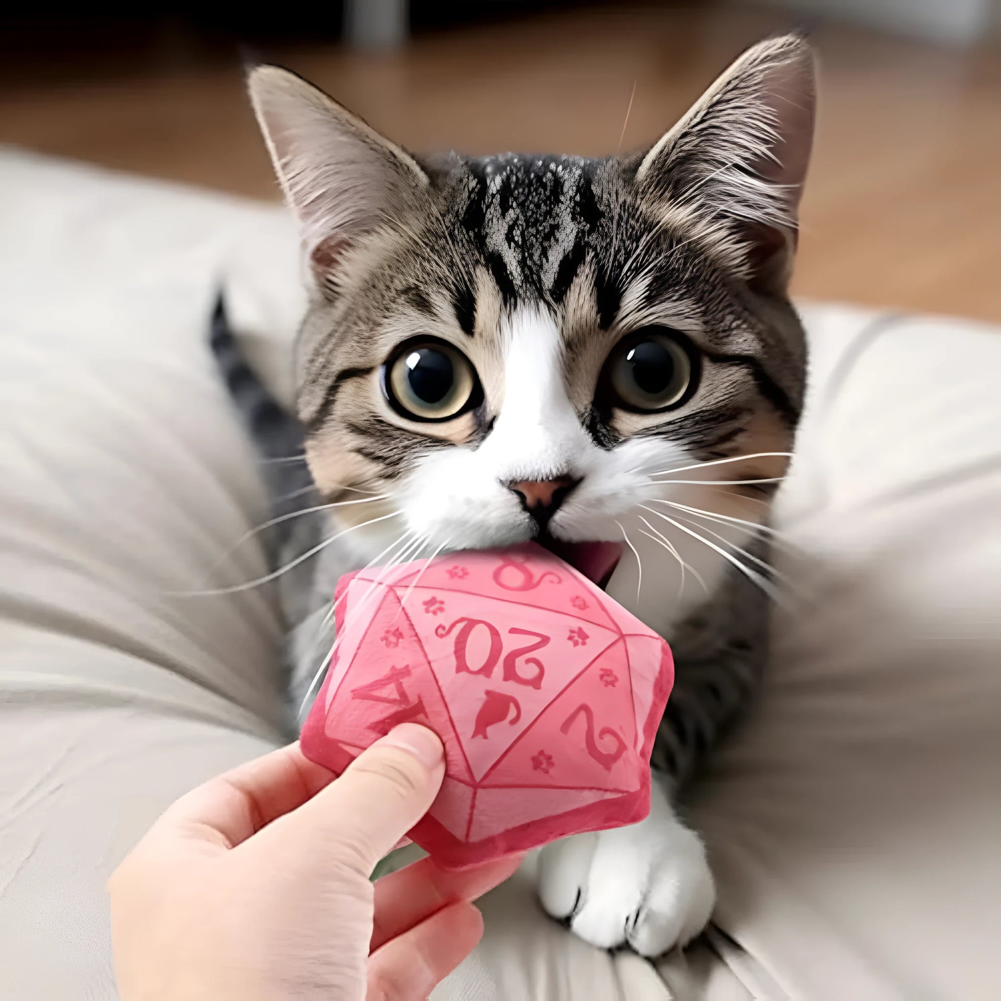 Blue dice-shaped plush cat toy with white pips, filled with organic catnip.