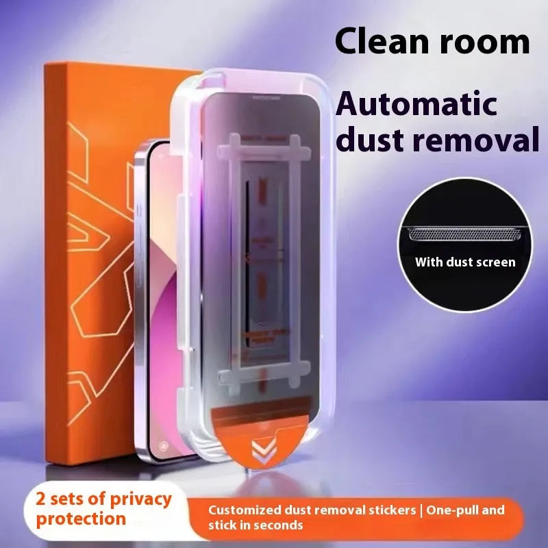 Tempered glass screen protector for iPhone with anti-peep privacy feature, ultra clear option, and dust-free bin