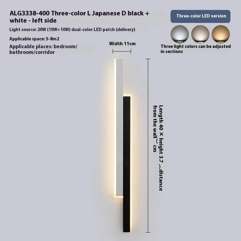 Black and white grid-free strip wall lamp with acrylic shade and three-colour LED lighting
