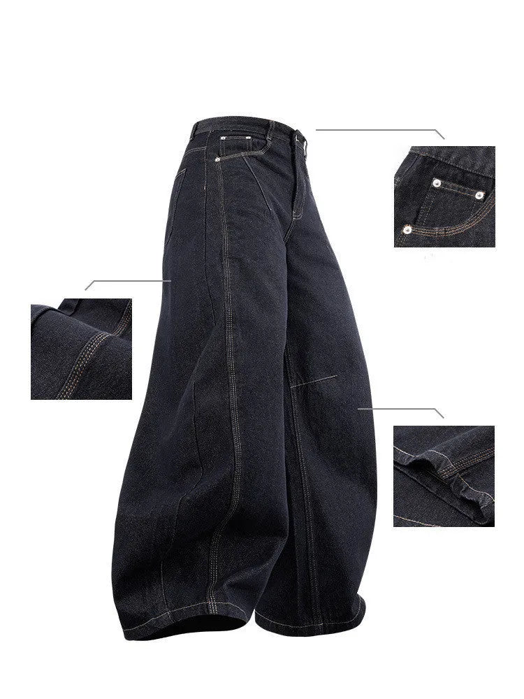 Men's original cow colour wide leg denim trousers laid flat, showing mid waist and straight leg cut.