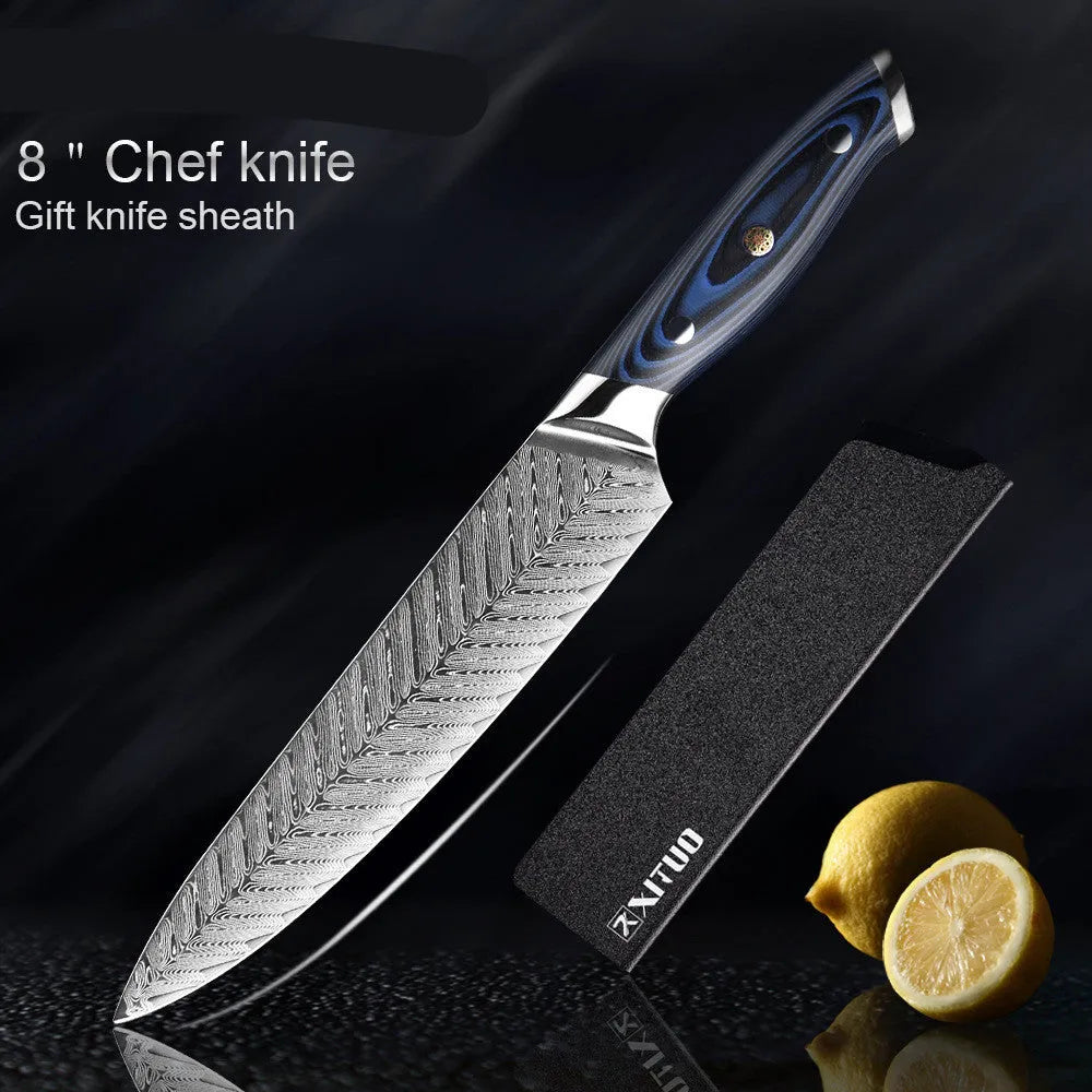 Blue G10 Damascus knife set with chef, Santoku, boning and peel knives on a light background