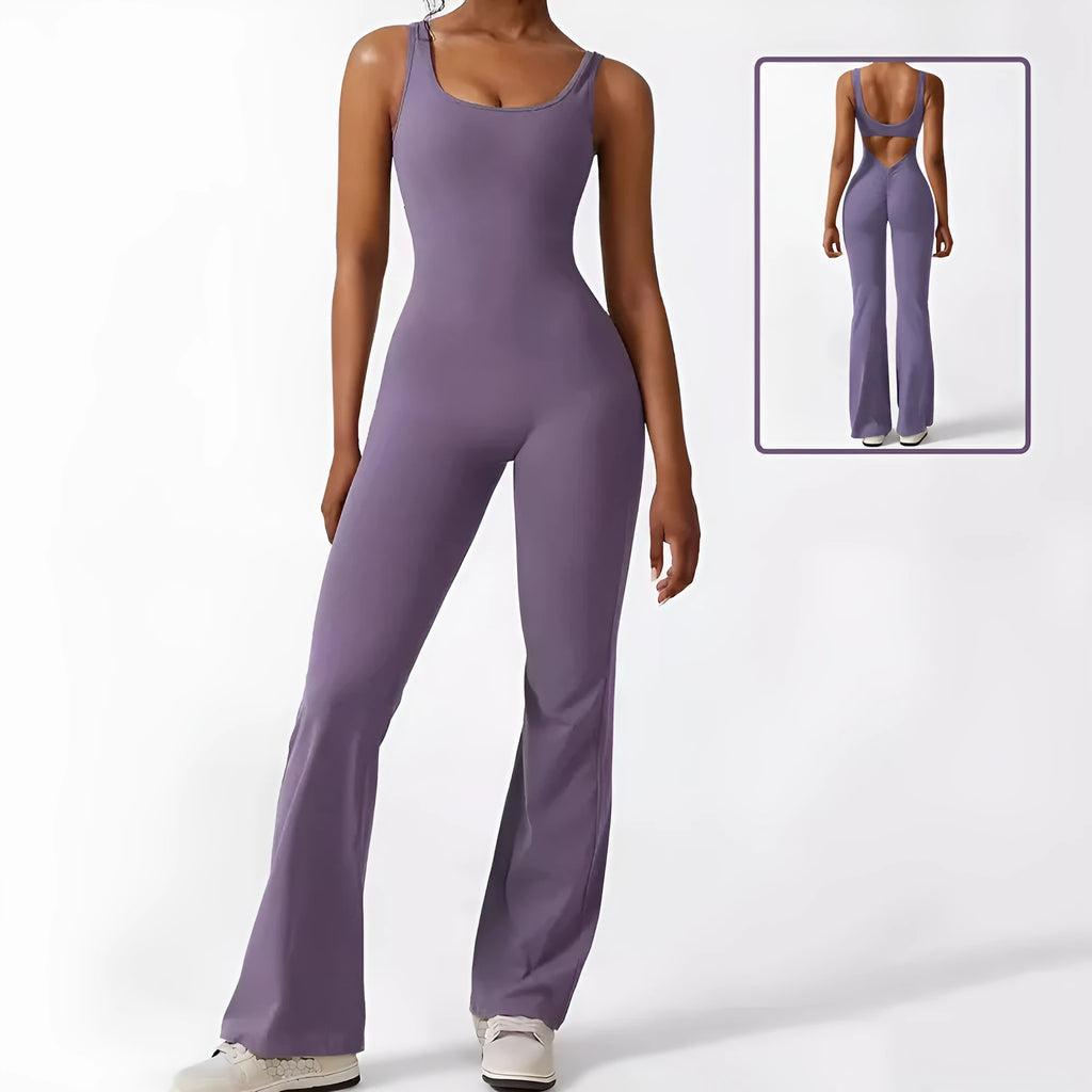 Women's sleeveless flare jumpsuit for yoga and fitness in high-elasticity polyester, shown in various colours.