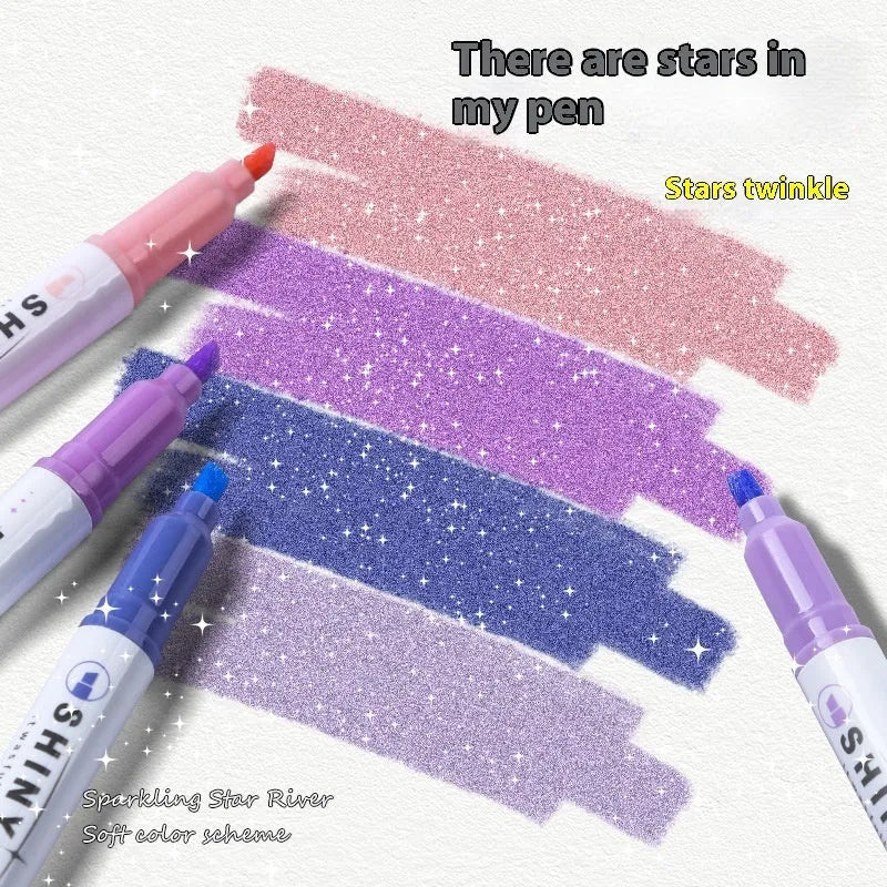 Set of four glitter fluorescent highlighter pens with pastel colours in a star river design box.