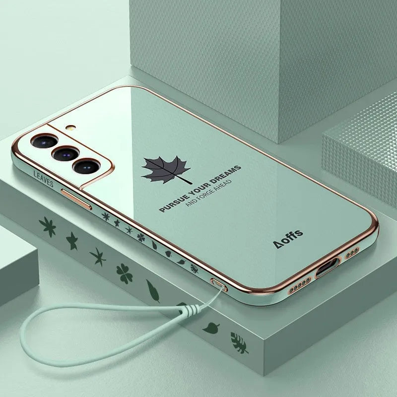 Straight edge electroplating maple leaf phone case for Samsung in black, TPU shockproof shell