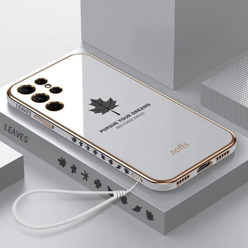 Straight edge electroplating maple leaf phone case for Samsung in black, TPU shockproof shell