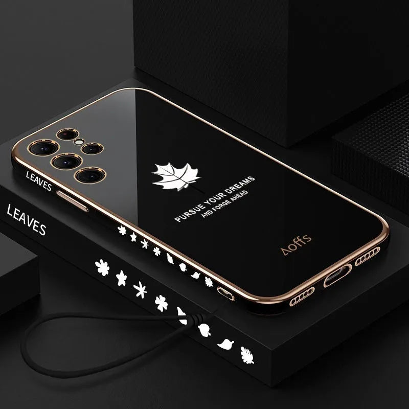 Straight edge electroplating maple leaf phone case for Samsung in black, TPU shockproof shell